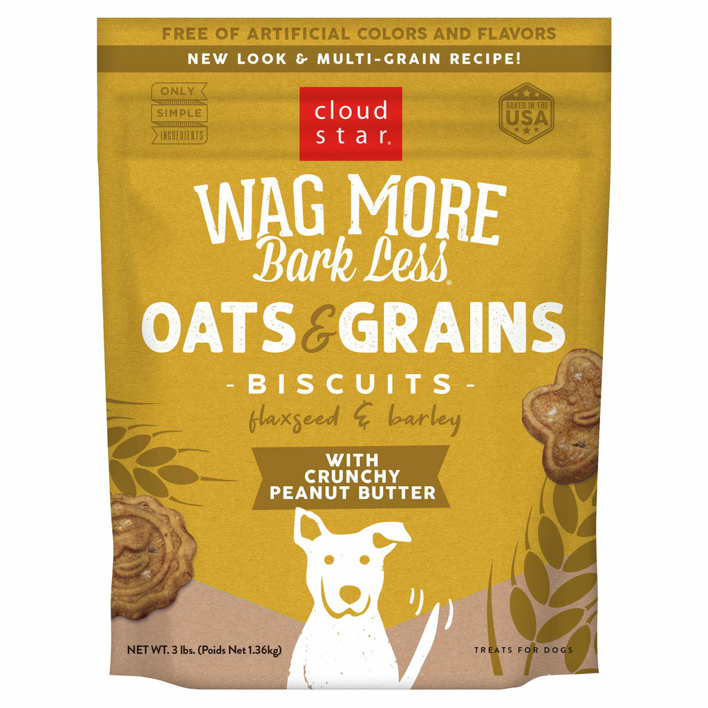 Cloud Star Wag More Bark Less Dog Treats, Oats & Grains, Crunchy Peanut Butter, 3 lb Bag
