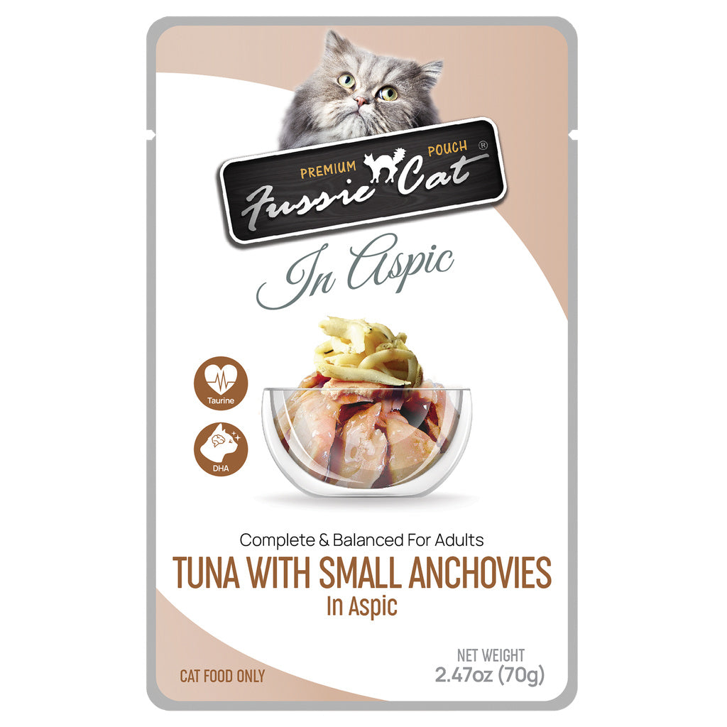 Fussie Cat Premium Tuna with Small Anchovies in Aspic Cat Food Pouch, 2.47 oz