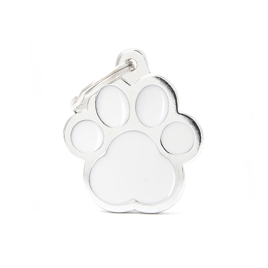 MyFamily Classic Big White Paw Pet ID Tag - Customizable Enamel Paw Print Dog Tag