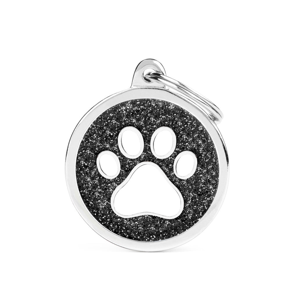 MyFamily Shine Big Circle Pet ID Tag - Black Glitter with White Paw - Large