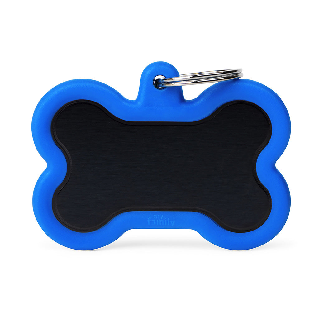 MyFamily Hushtag Pet ID Tag - Bone, XL, Black Aluminum with Blue Rubber