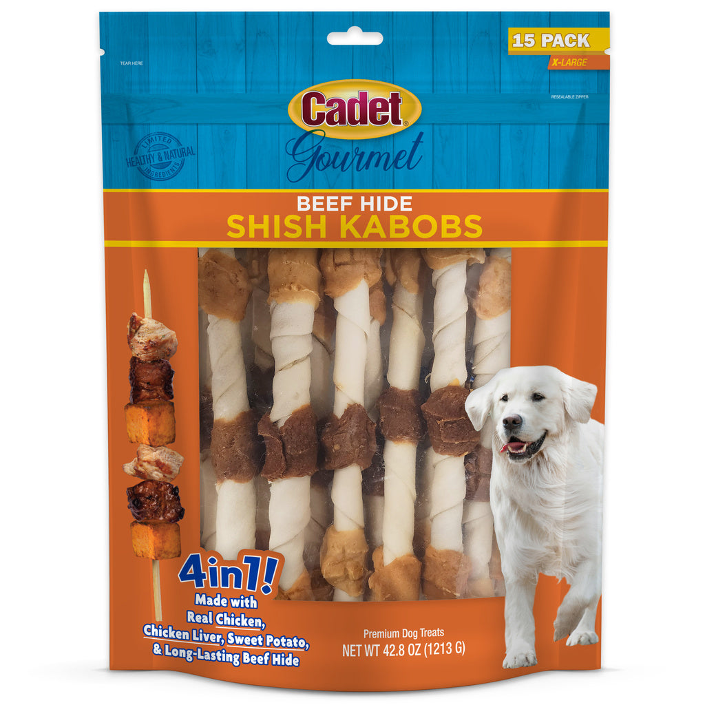 Cadet Gourmet Beef Hide Shish Kabob Dog Treats X-Large, Chicken, Liver & Sweet Potato, 15 Count