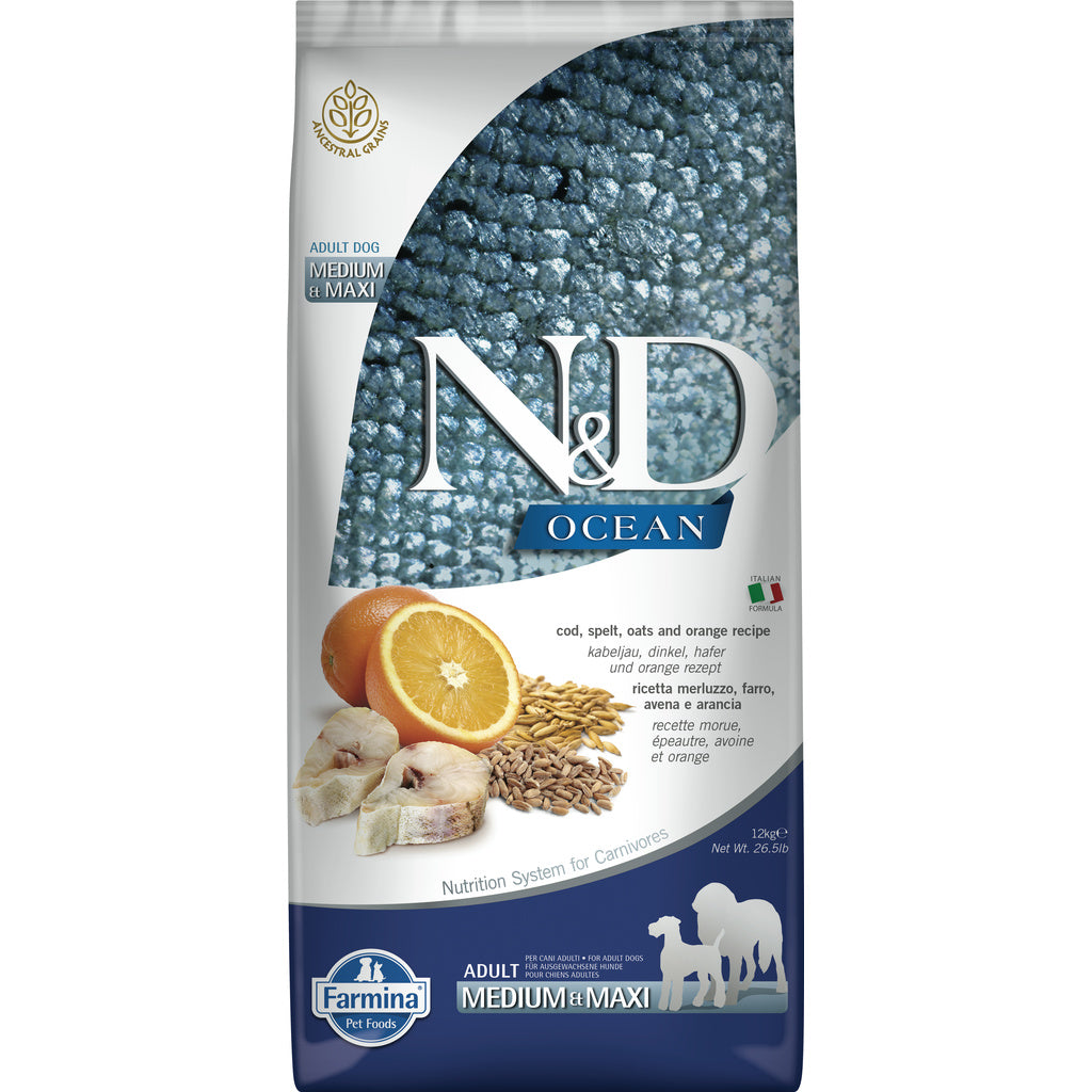 Farmina N&D Ancestral Grain Ocean Cod & Orange Dog Food, Med/Maxi, 26.4 lb