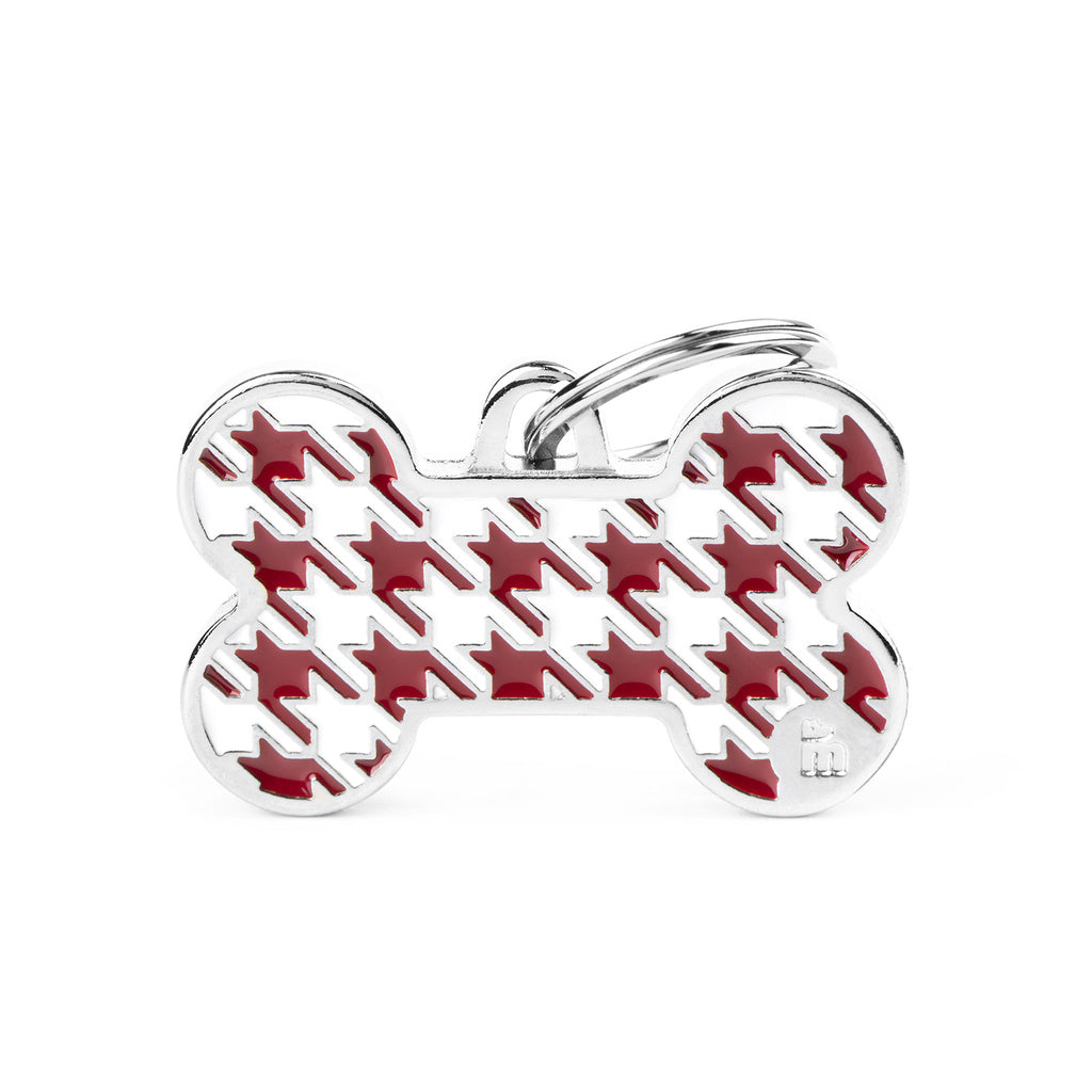 MyFamily Style Pied de Poule Big Red Bone ID Tag - Large Red Bone Pet ID Tag with Houndstooth Design