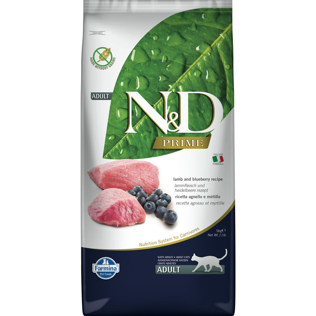 Farmina N&D Prime Adult Cat Food, Lamb & Blueberry, Grain-Free, 11 lb / 5kg