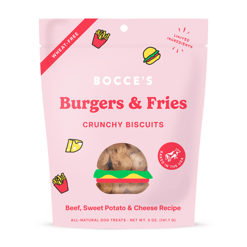 Bocce's Bakery Burgers & Fries Dog Treats - 5oz, Wheat-Free Biscuits with Beef, Cheese & Sweet Potato