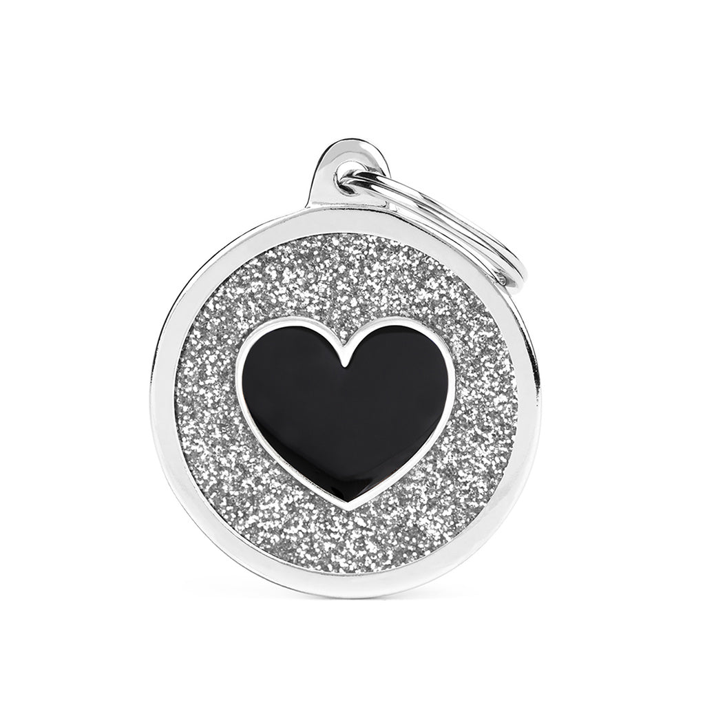 MyFamily Shine Big Grey Glitter Circle Black Heart Pet ID Tag