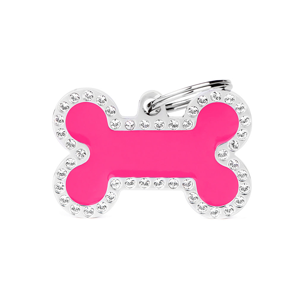 MyFamily Glam Pet ID Tag - Large Bone - Fuchsia with Rhinestones