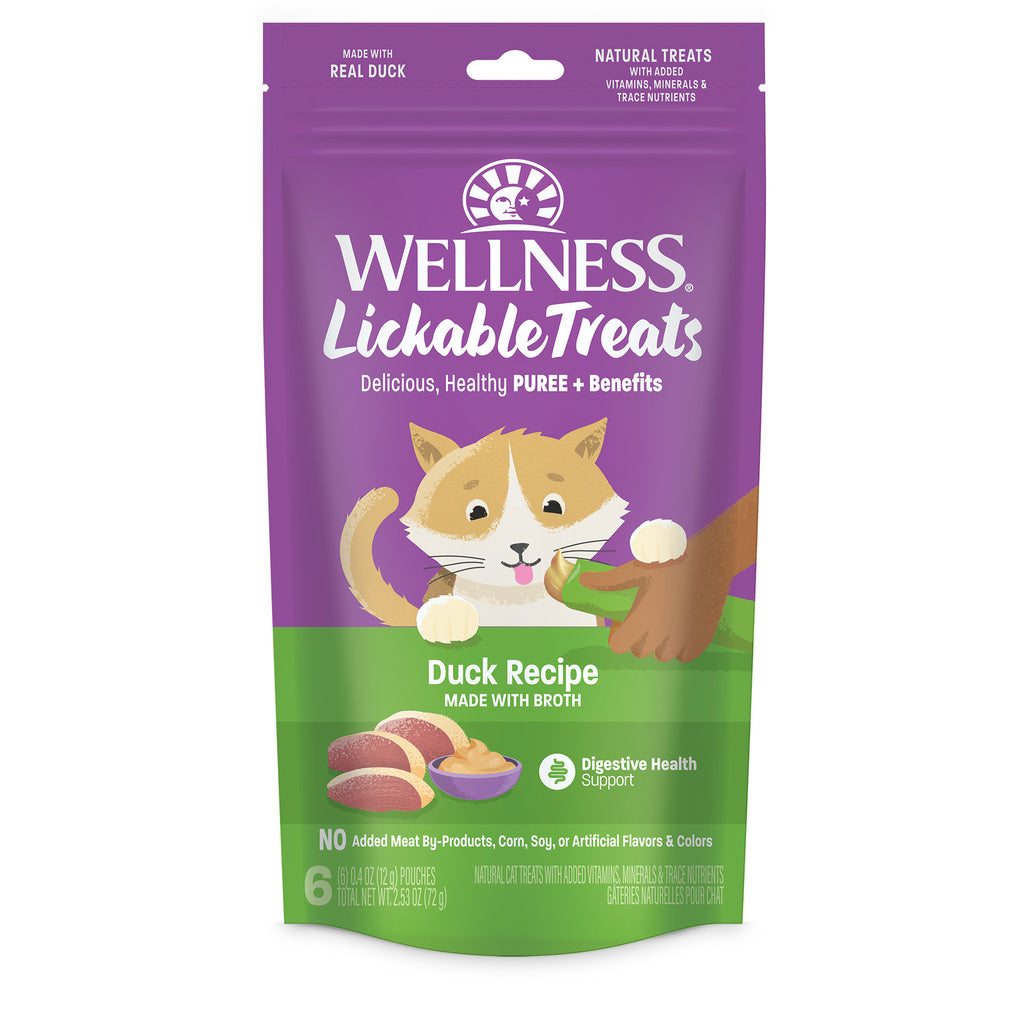 Wellness Lickable Treats Soft Puree Natural Grain Free Cat Treats, Duck, 2.5 oz or 6 x 0.4 oz Tubes