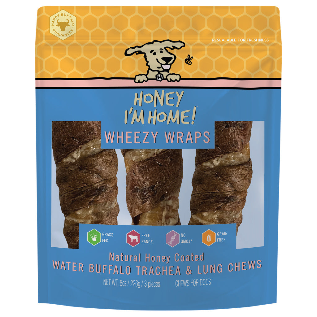 Honey I'm Home Buffalo Trachea Lung Wrap 6" Dog Treats - 3 Pack Wheezy Wraps