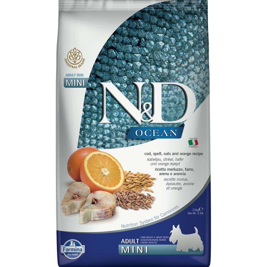 Farmina N&D Ancestral Grain Ocean Codfish & Orange Mini Adult Dog Food, 5.5 lb / 2.5kg