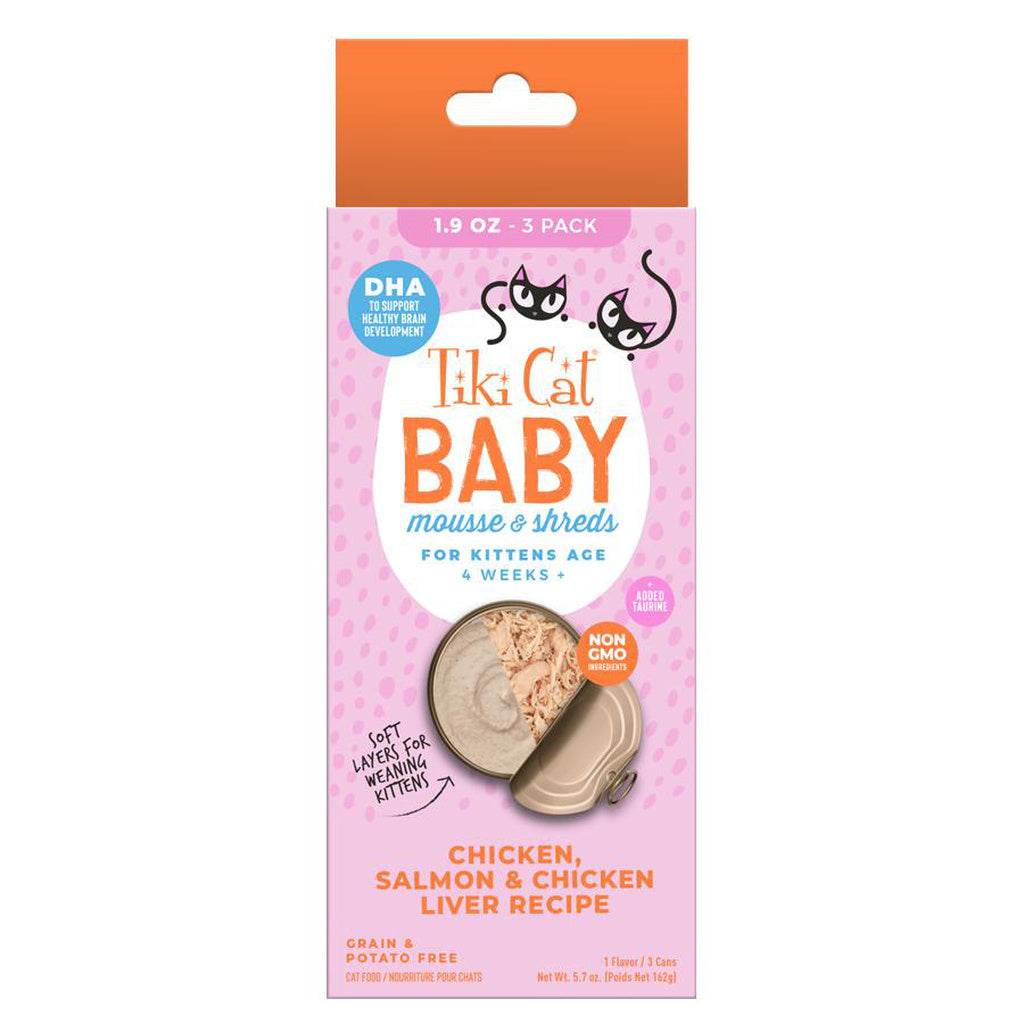 Tiki Cat Baby Mousse & Shreds Chicken, Salmon & Chicken Liver - Kitten Food, 1.9oz Pouch