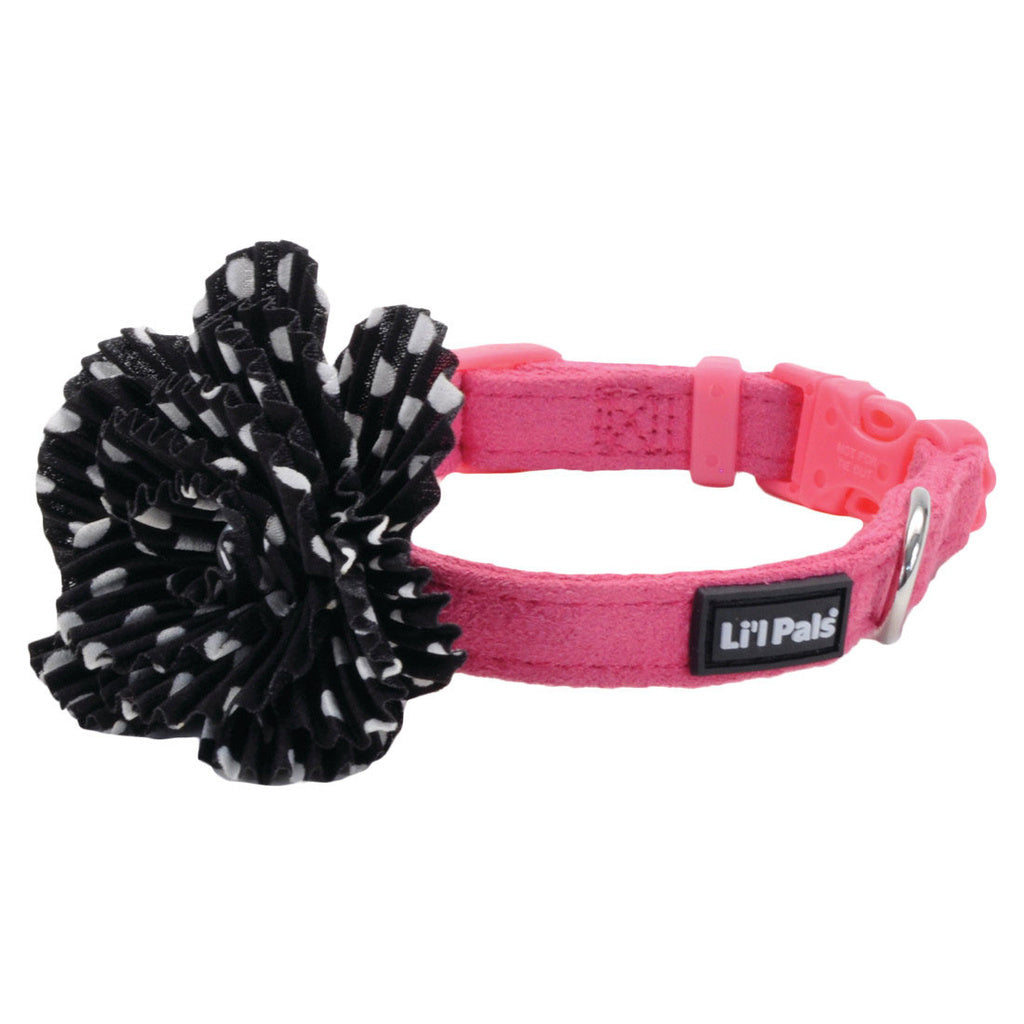 Li'l Pals Microfiber Dog Collar - Pink with Black Flower - 3/8" x 8-12" - Small Breed & Puppy
