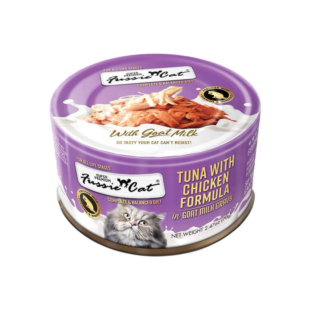 Fussie Cat Premium Wet Cat Food, Tuna & Chicken in Goat's Milk Gravy, 2.47 oz