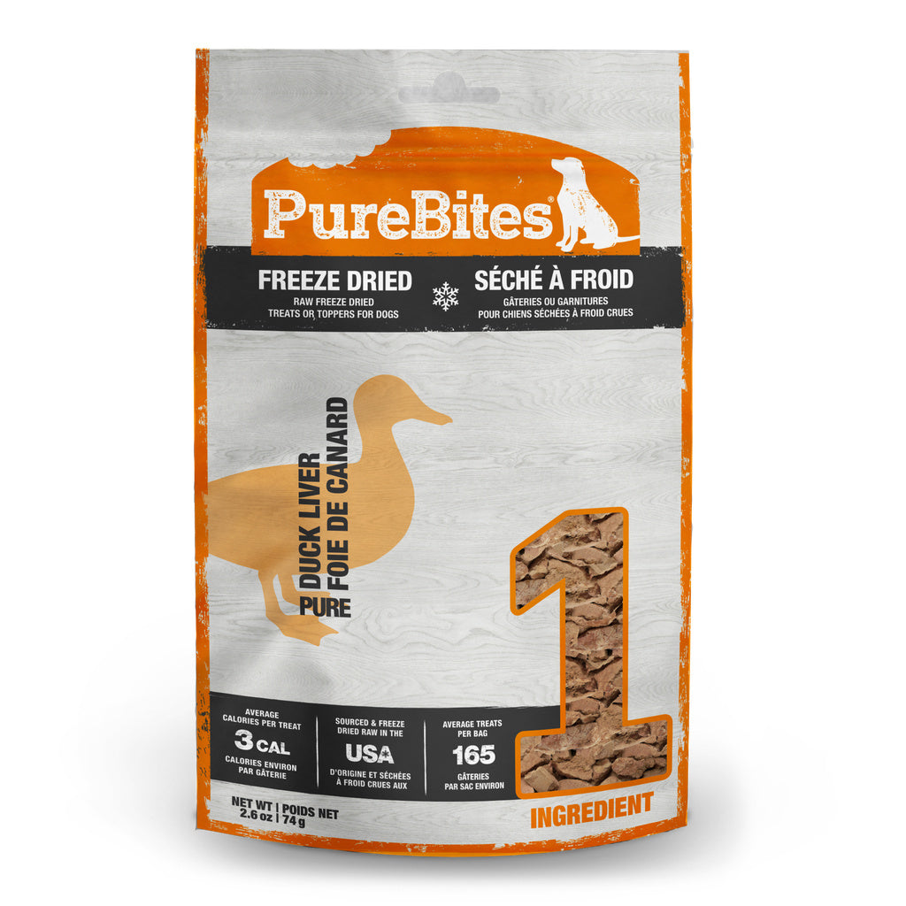 PureBites Duck Freeze Dried Dog Treats - 1 Ingredient, USA Made, 2.6 oz / 74g (Mid Size) Duck Liver Option