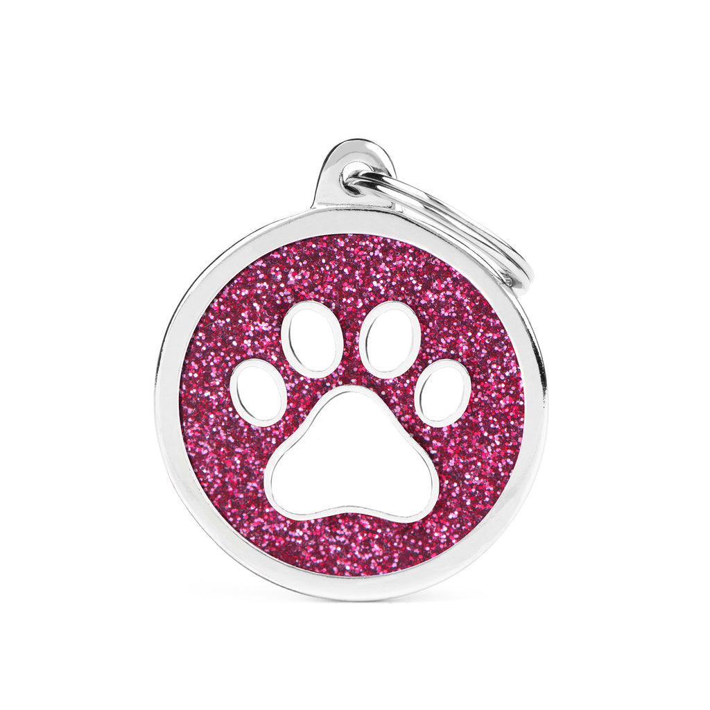 My Family ID Tag - Shine Big Pink Glitter Circle with White Paw