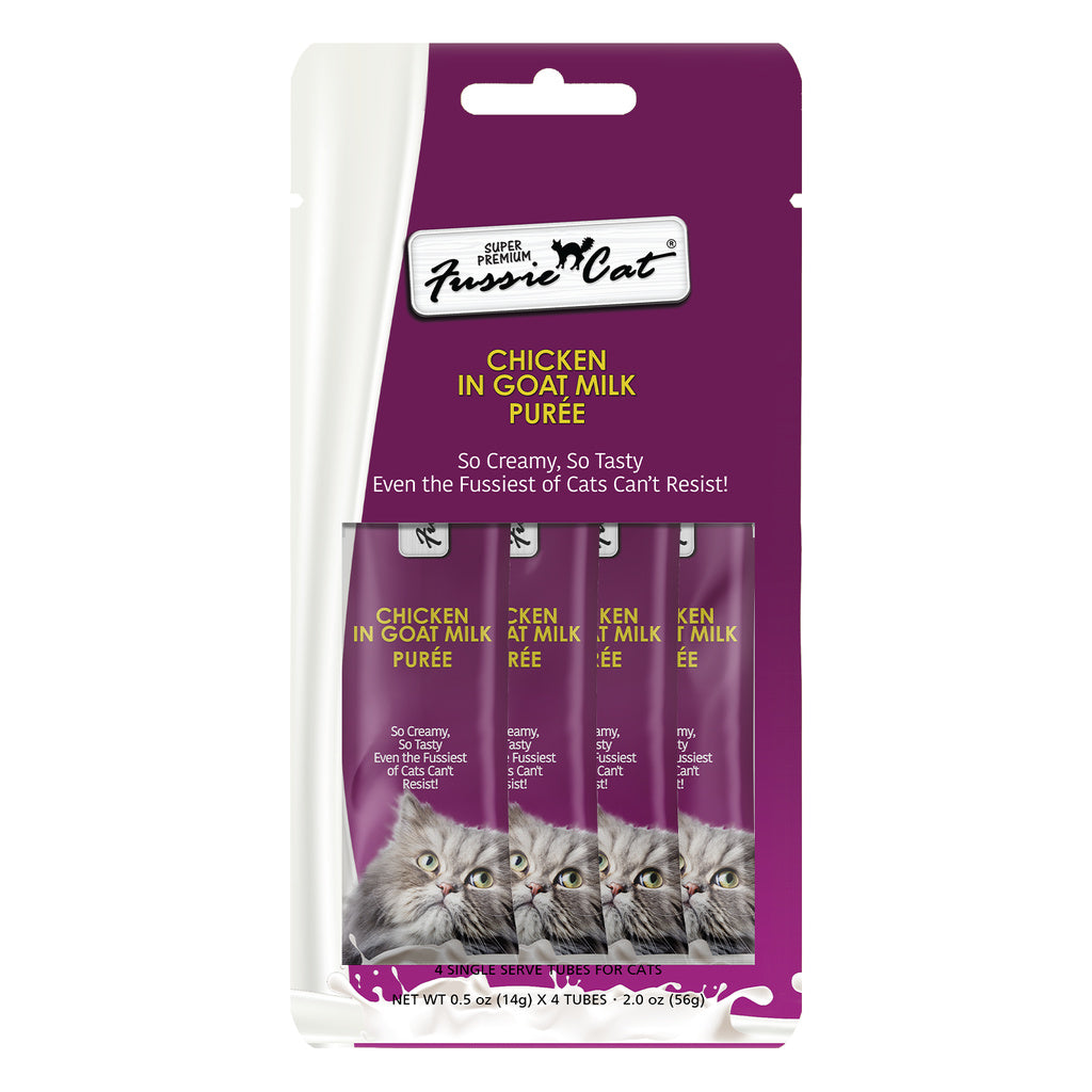 Fussie Cat Chicken in Goat Milk Puree Cat Treat - Lickable, Grain-Free, 4-Pack