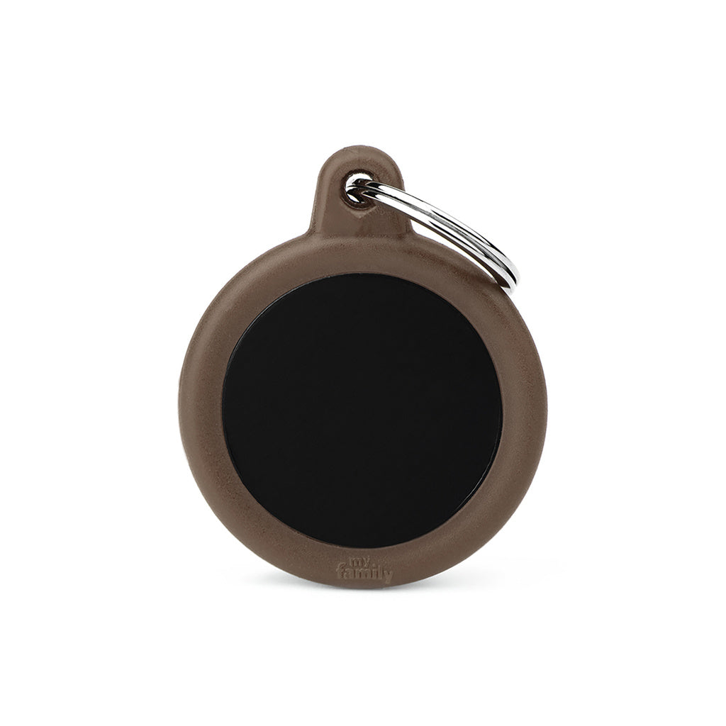 My Family Hushtag Circle Pet ID Tag - Black Aluminum with Brown Rubber Edge