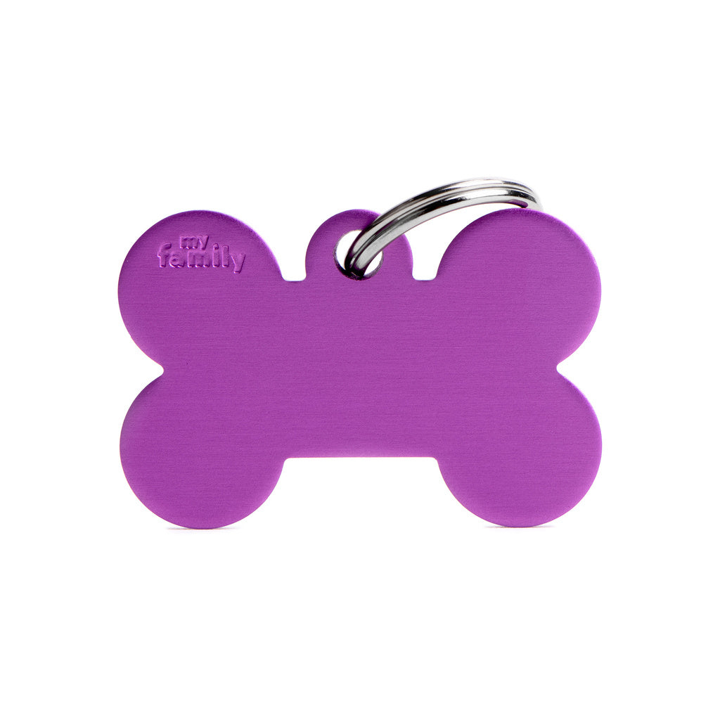 My Family Basic Bone Large Purple Dog Tag - Free Engraving, Anodized Aluminum Pet ID Tag