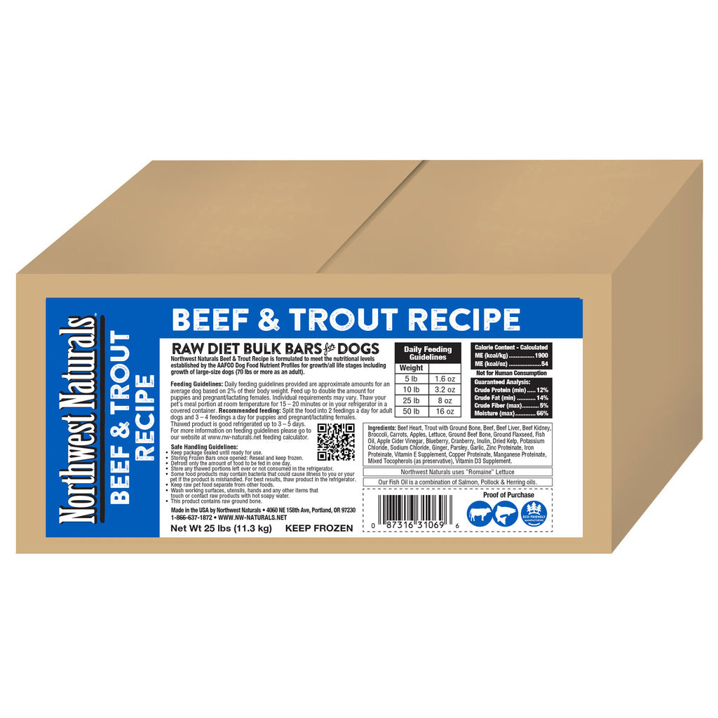Northwest Naturals Beef & Trout Recipe Frozen Raw Dog Food Dinner Bars 25lb