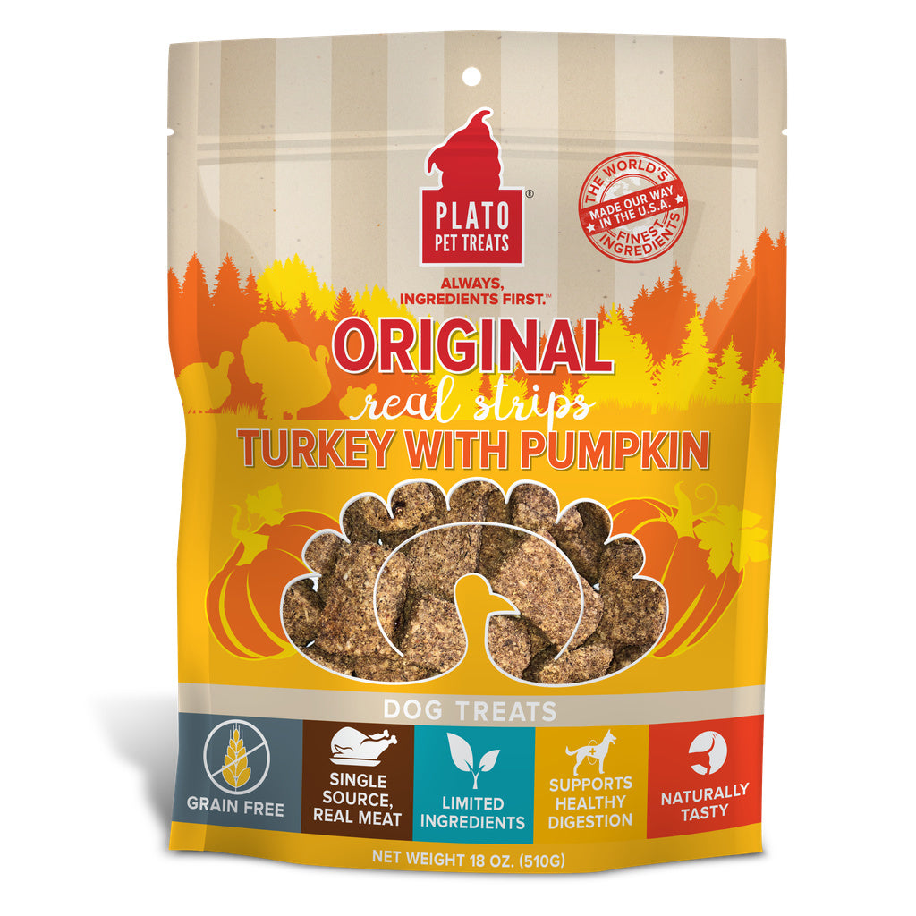 Plato Original Real Strips Turkey & Pumpkin Dog Treats, 18 oz, Grain-Free