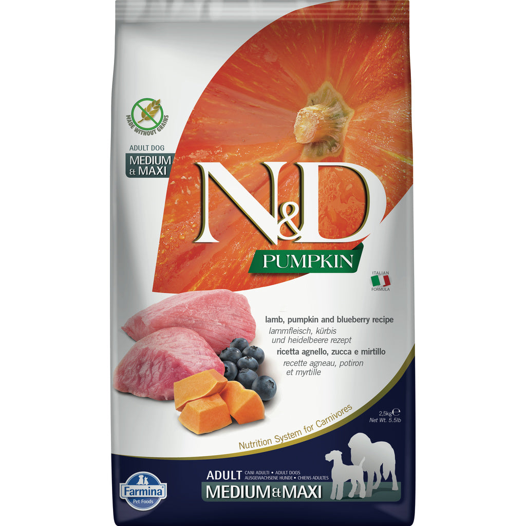 Farmina N&D Pumpkin, Chicken & Pomegranate Adult Medium & Maxi Breed Grain-Free Dry Dog Food, 5.5 lb / 2.5 kg Bag