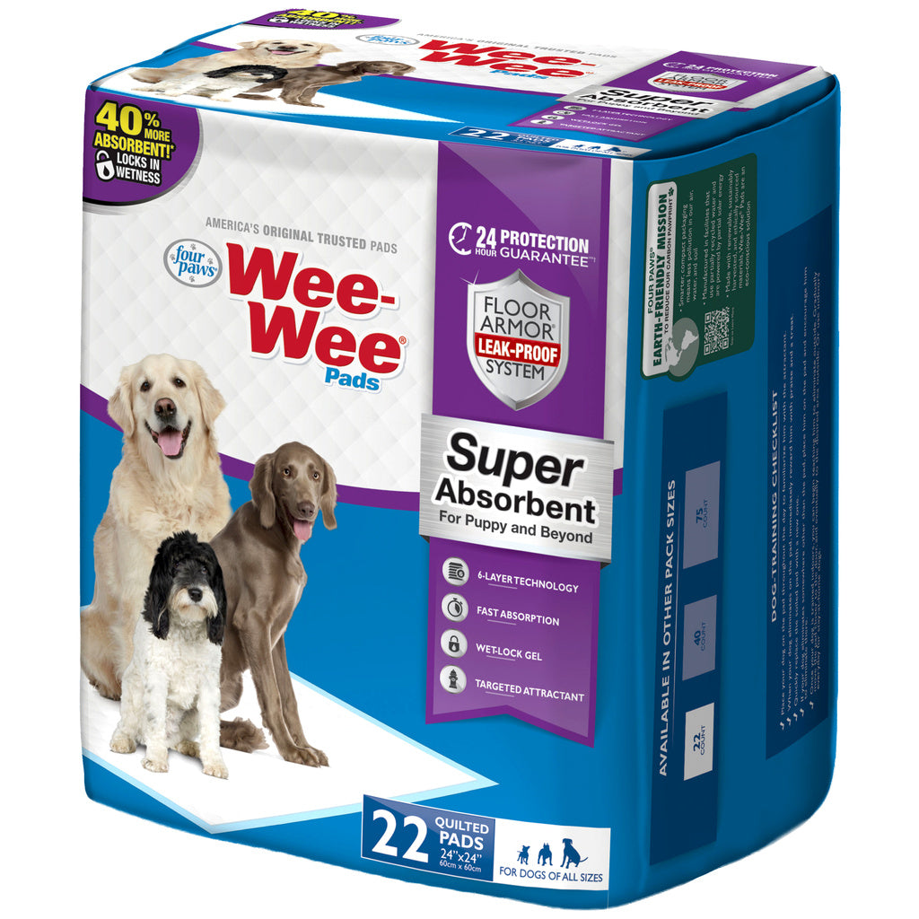 Four Paws Wee-Wee Super Absorbent Dog Pads, 22 Count, 24x24 Training Pee Pads