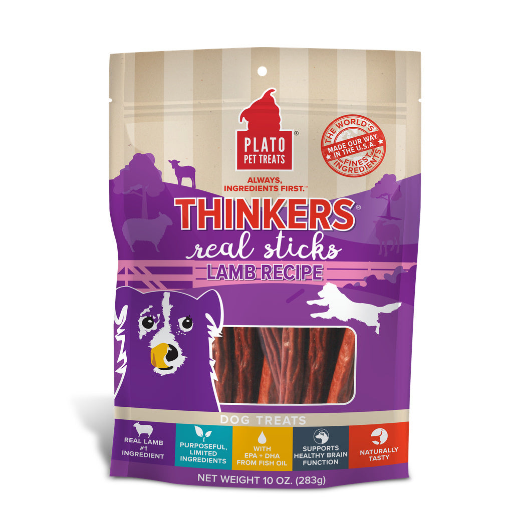 Plato Thinkers Lamb Sticks Dog Treats - 10 oz - Limited Ingredient, Brain Health