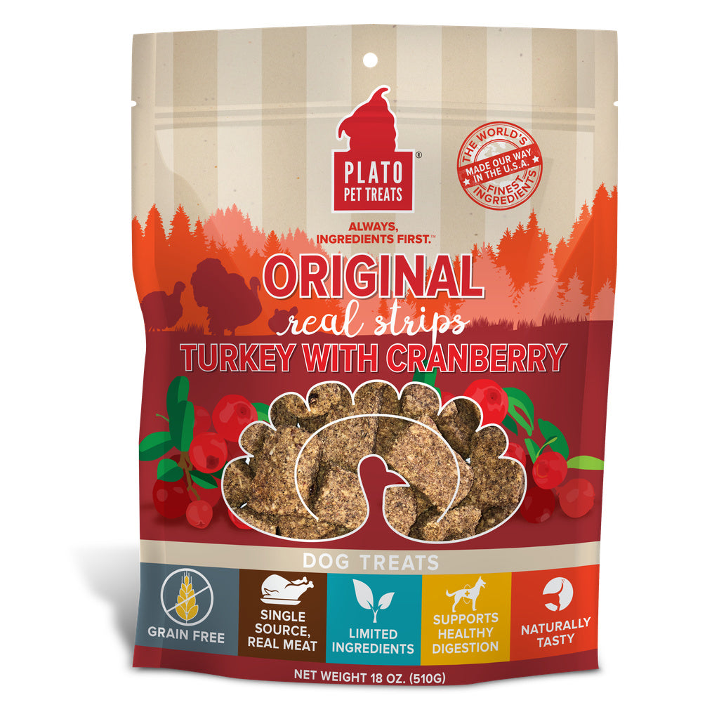 Plato Real Strips Dog Treats - Turkey & Cranberry, Grain Free, 18 oz