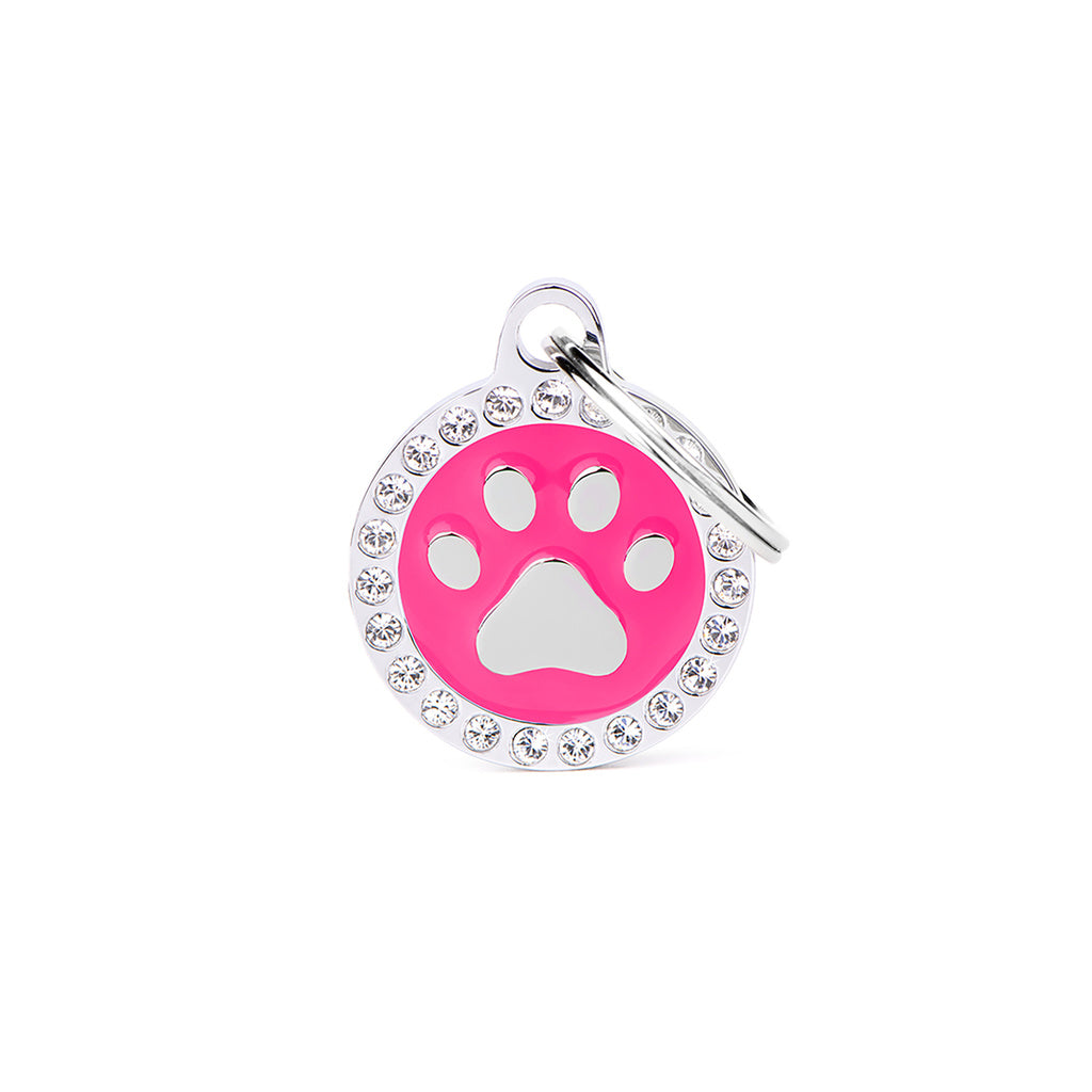 MyFamily Glam Fuchsia Paw Rhinestone Pet ID Tag - Small Circle