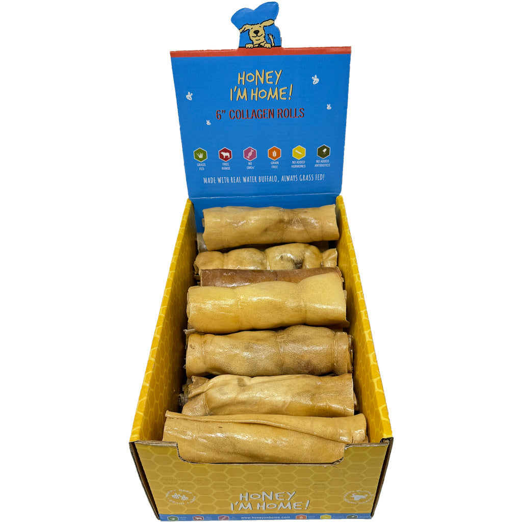 Honey I'm Home! 6" Water Buffalo Cheek Roll Dog Treat - Natural Honey Coated Collagen Chew