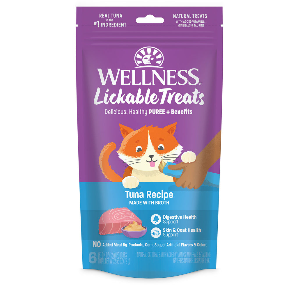 Wellness Lickable Treats Soft Puree Natural Grain Free Cat Treats, Tuna, 6 x 0.4oz Tubes