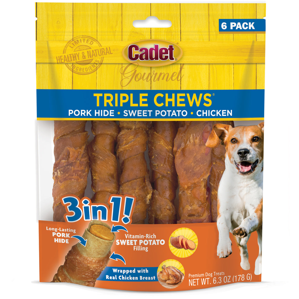 Cadet Gourmet Triple Chews Pork Hide Twists Dog Treats, Chicken & Sweet Potato, 6 Count