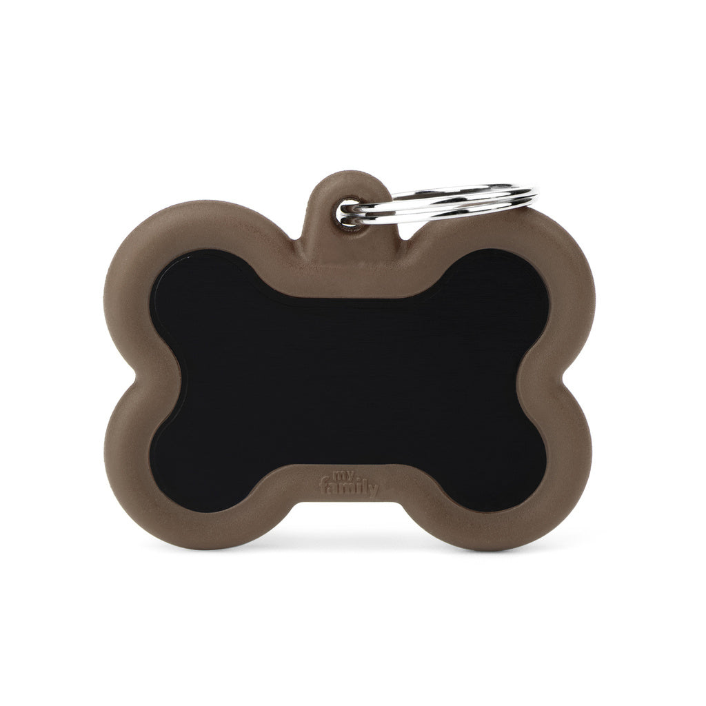 My Family Hushtag Bone Pet ID Tag - Black Aluminum with Brown Rubber Border, Silent Dog Tag