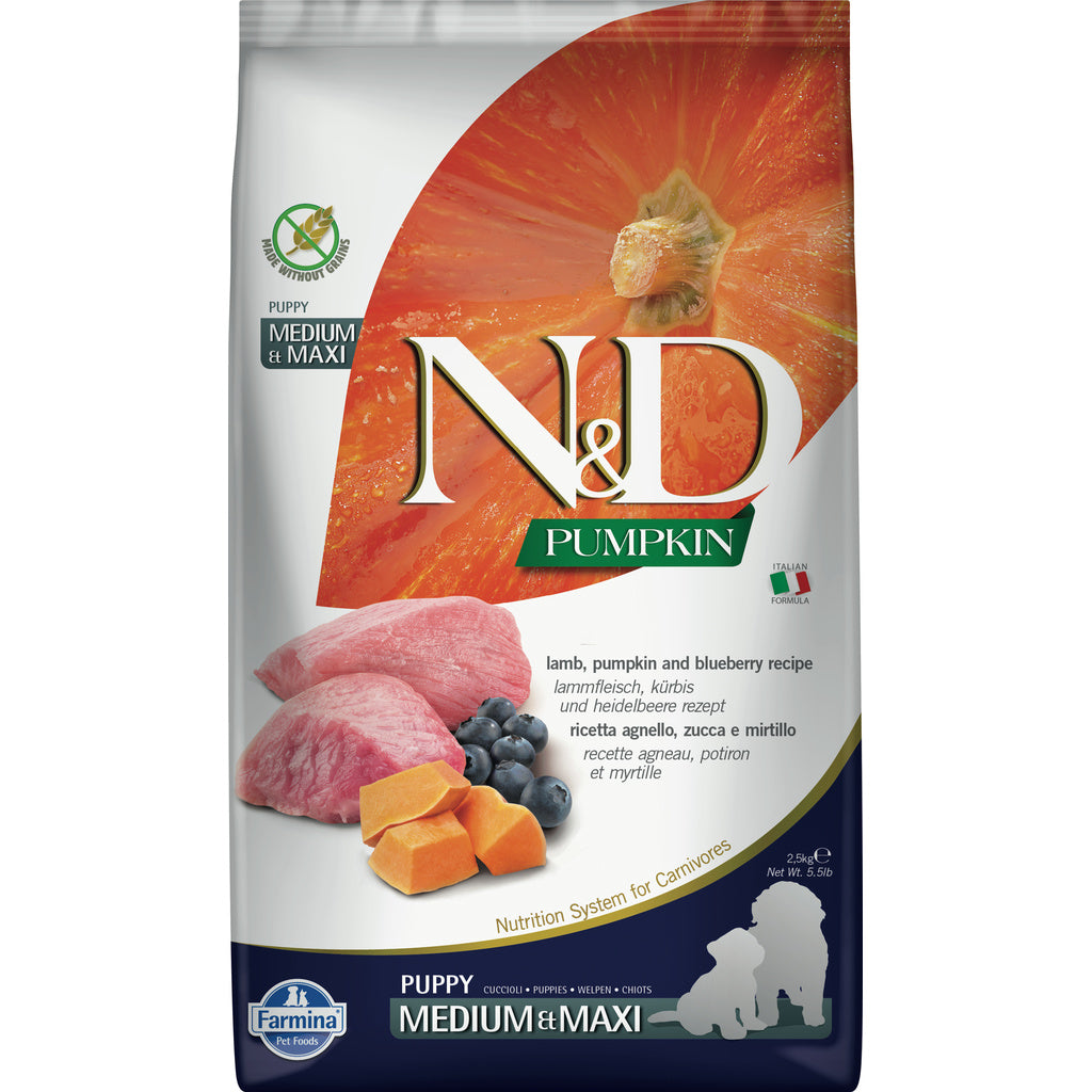 Farmina N&D Puppy Medium/Maxi Lamb & Blueberry with Pumpkin, 12kg / 26.4lb, Grain-Free Dry Dog Food