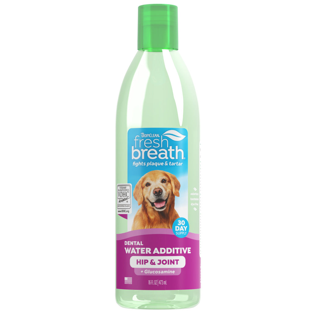 TropiClean Fresh Breath Water Additive Plus Hip & Joint - Dental Care for Dogs & Cats - 16oz