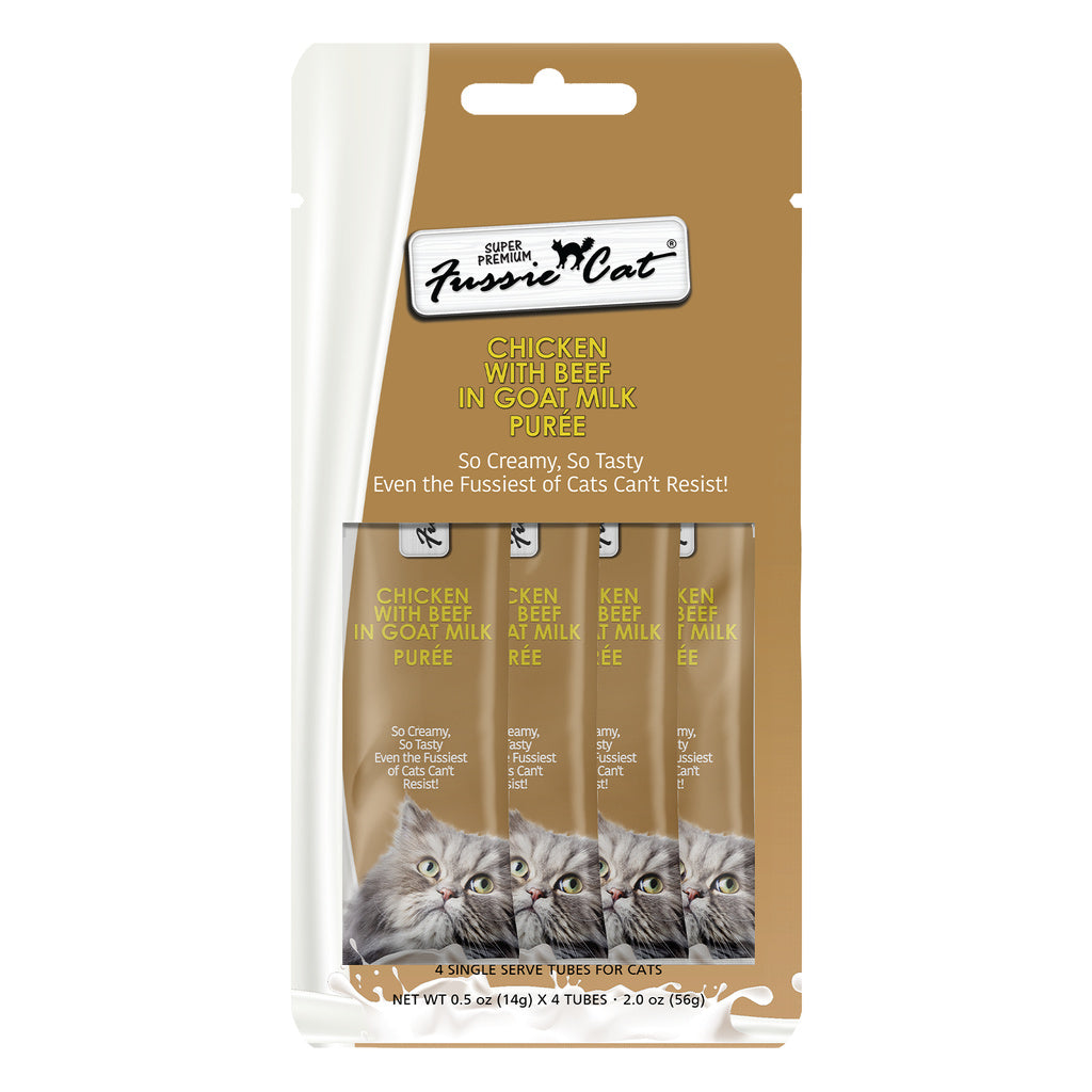 Fussie Cat Super Premium Puree Cat Treats - Chicken & Beef in Goat Milk - 4 x 0.5oz Pouches