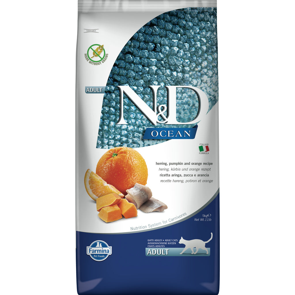 Farmina N&D Ocean Cat Food - Pumpkin, Herring & Orange - 11 lb / 5 kg - Adult Dry Food