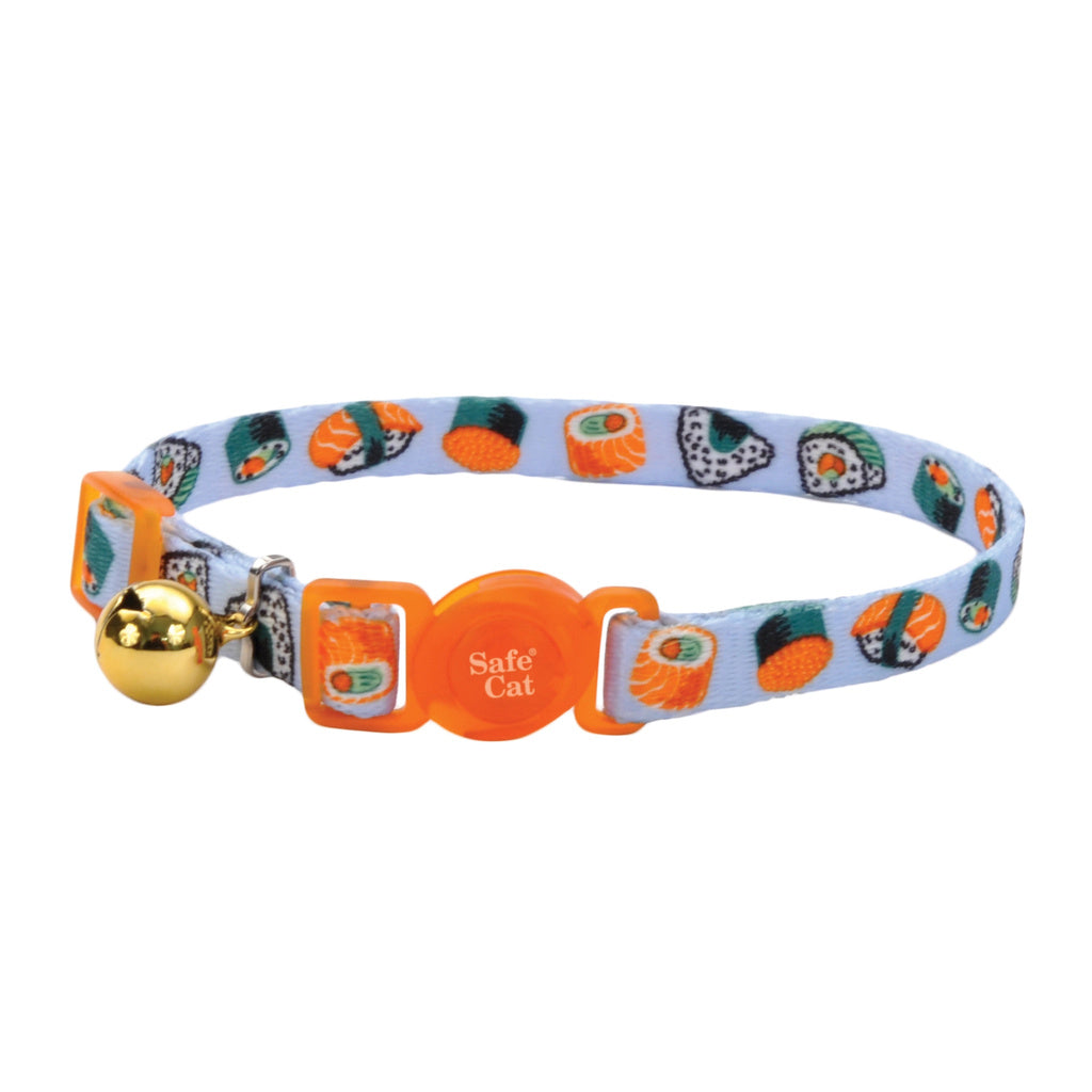 Coastal Safe Cat Fashion Adjustable Breakaway Collar - Sushi On Blue, 3/8" x 8-12"