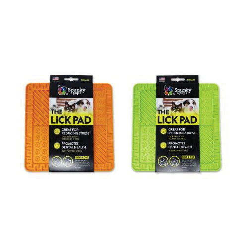 Spunky Pup Square Lick Pad - Dog & Cat Calming Treat Mat, 8x8 TPR Green/Orange