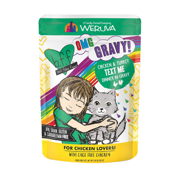 WERUVA BFF OMG Text Me Chicken & Turkey in Gravy Wet Cat Food Pouch, 2.8 oz