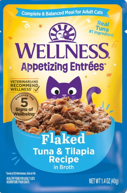 Wellness Appetizing Entrees Flaked Tuna & Tilapia in Broth Cat Food, 1.4 oz Pouch