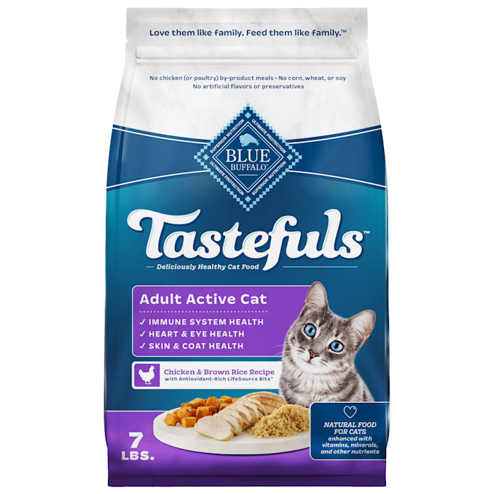 Blue Buffalo Adult Chicken & Rice / Tastefuls Chicken Recipe Dry Cat Food, 7 lb Bag