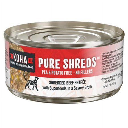 Koha Pure Shreds Beef Entree Cat Food, 2.8 oz Grain-Free Shredded Beef in Broth