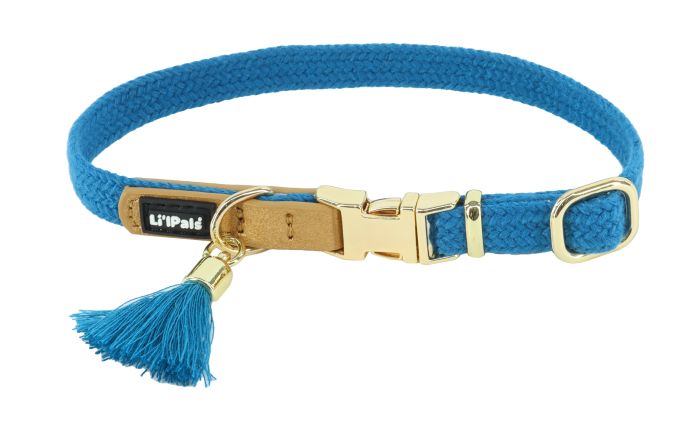 Li'l Pals Woven Dog Collar with Tassel, Blue, Petite Small, 3/8" x 8-12"