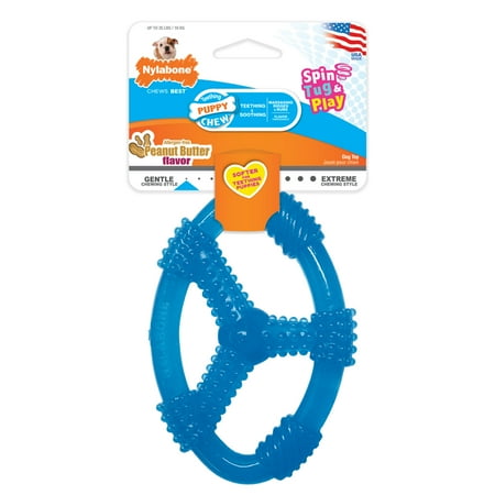 Nylabone Puppy Chew Spin Tug & Play Toy Peanut Butter Blue Medium/Wolf
