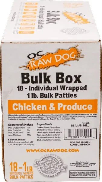 OC Raw Dog Chicken & Produce Frozen Raw Food Bulk Box - 18 lb Patties