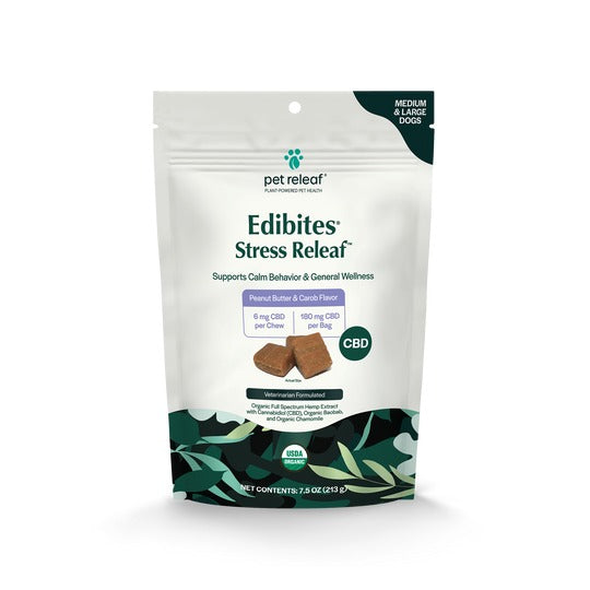 Pet Releaf Stress Releaf Edibites, Peanut Butter & Carob, Medium/Large Dogs, Calming CBD Dog Treats, 7.5oz