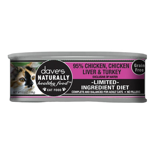 Dave's Pet Food Grain Free 95% Chicken, Chicken Liver & Turkey Pate Wet Cat Food, 5.5 oz Can