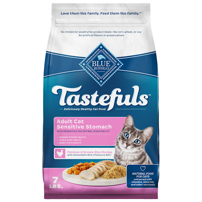 Blue Buffalo Tastefuls Sensitive Stomach Adult Dry Cat Food, Chicken & Brown Rice Recipe, 7 lb Bag